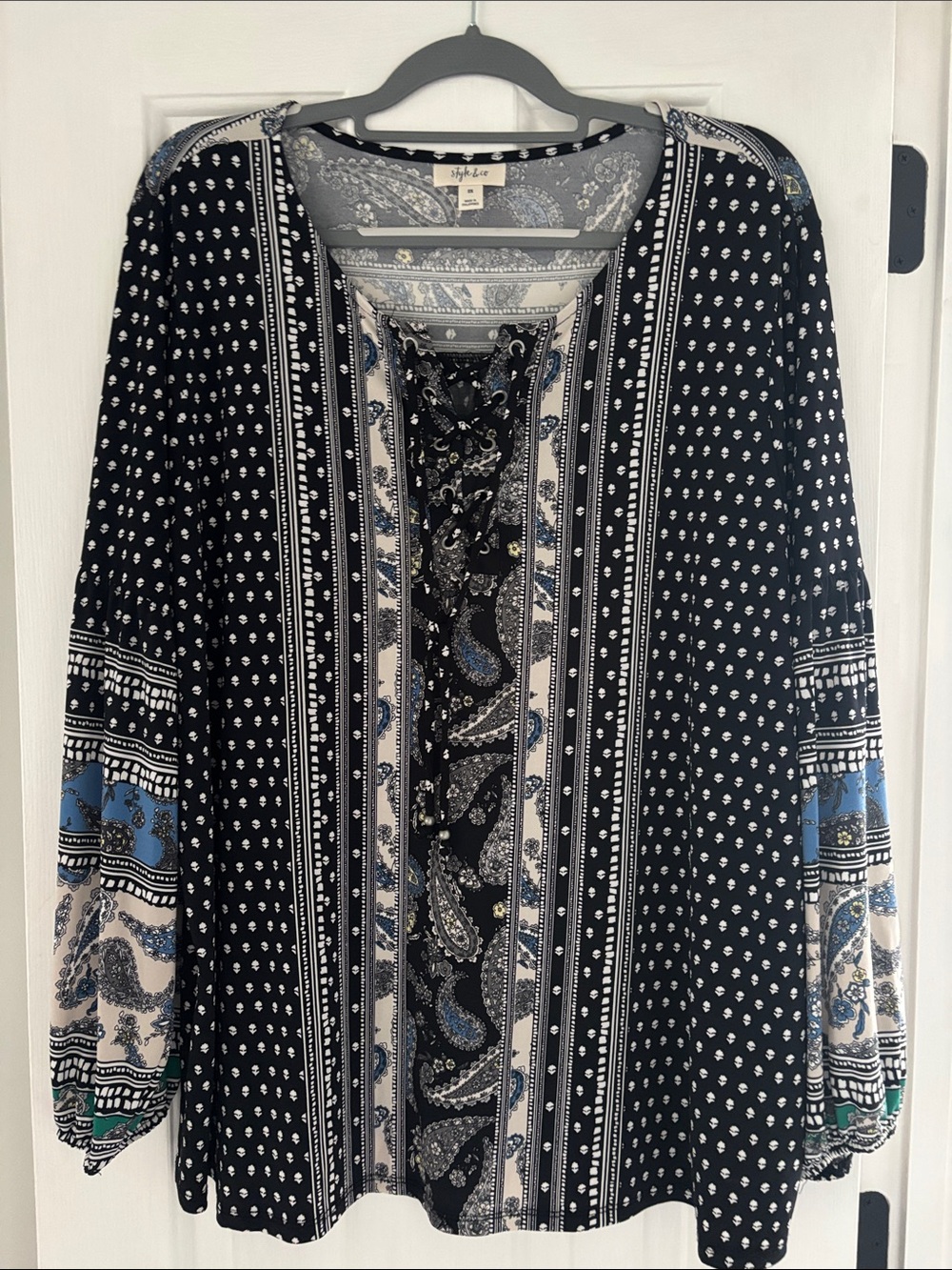 Style & Co. Black, White & Blue Paisley Lace-Up Blouse